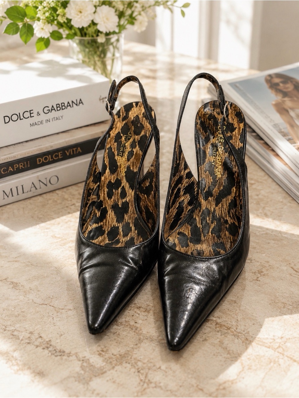 Dolce & Gabbana Black Leather Pointed Slingback Heels Leopard Insole size 5.5
